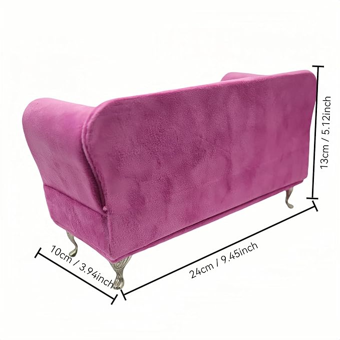 CONCISE 1/6 & 1/12 Scale Miniature Velvet Sofa w/Hidden Jewelry Box for Women 14+ Collectors Ring Earring Necklace Bracelet Trinket Storage - Pink Decor for Display & Dressing Tables