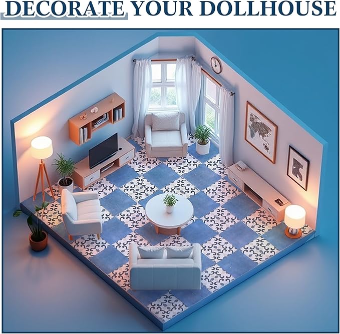 ShinyRelief 120 Pcs Dollhouse Floor Tiles Dollhouse Flooring 1 12 Scale 1 6 Scale Doll House Wallpaper Peel and Stick Miniature Bricks Carpet Double Sided Floor Tile (Floral & Blue Color Marble)