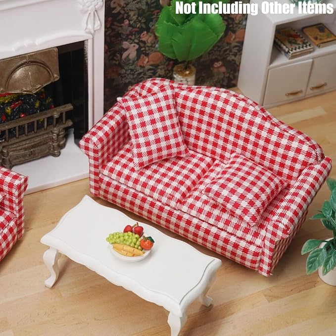 Odoria Dollhouse Couch Loveseat Miniature - 1/12 Scale Upholstered Sofa for Rustic Country Living Room - Mini Settee Chaise Lounge Wood Furniture Plaid Red