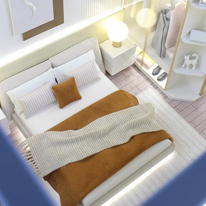 1/20 Scale Dollhouses Bedroom Decorative Miniature Double Bed with Beddings Model Dollhouses Furniture Accessories