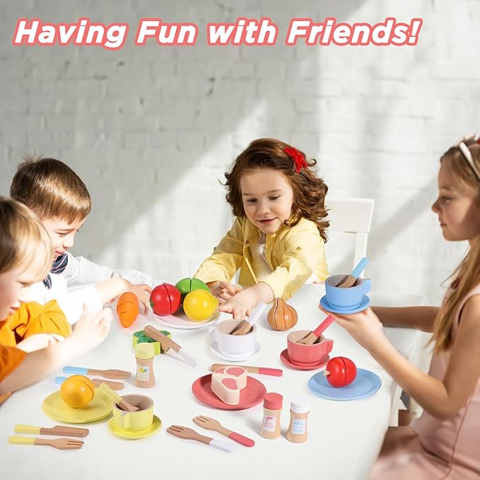 GAGAKU Wooden Play Dishes and Plates for Kids Kitchen Set 27 PCS Montessori Wood Play Kitchen Accessories Kitchen Toy for Toddlers Wooden Play Cooking Set for 3-8 Years Girls and Boys