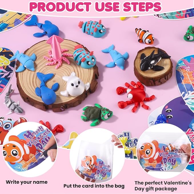 24pcs Valentines Day Gifts 3D Printed Ocean Animals Figurines with Valentine's Cards for Kids Boys Girls Valentine Day Party Favors Toys Classroom School Prize Rewards Gifts Exchange
