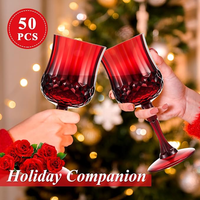 Pinkunn 50 Pcs 7 oz Plastic Vintage Wine Glasses Reusable Colored Goblets Patterned Drinking Water Glasses Cup Dishwasher Safe for Valentine's Day Wedding Reception Party Supplies (Red)