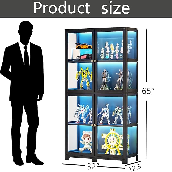 Display Cabinet with Acrylic Glass Doors, 4-Tier Bamboo Curio Display Case for Figures, Display Shelves for Collectibles & Toy Cabinet for Home, Office, Playroom, Living Room