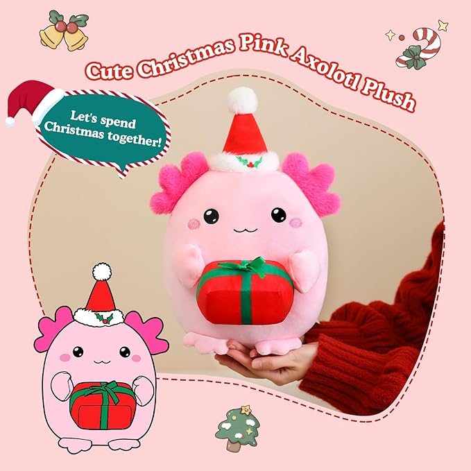 Christmas Axolotl Plush, Cute Axolotl Holding Gift Stuffed Animals Christmas Day Decor Party Favors for Girls and Boys(Pink)