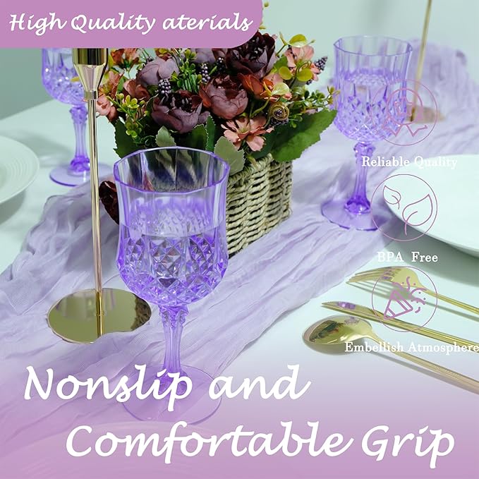 LEYIQU Plastic Wine Glasses, Plastic Goblets Vintage Style Cordial Drinking Glasses for Valentine’s Day, Wedding Reception, Grand Event Party Supplies (24, Purple)