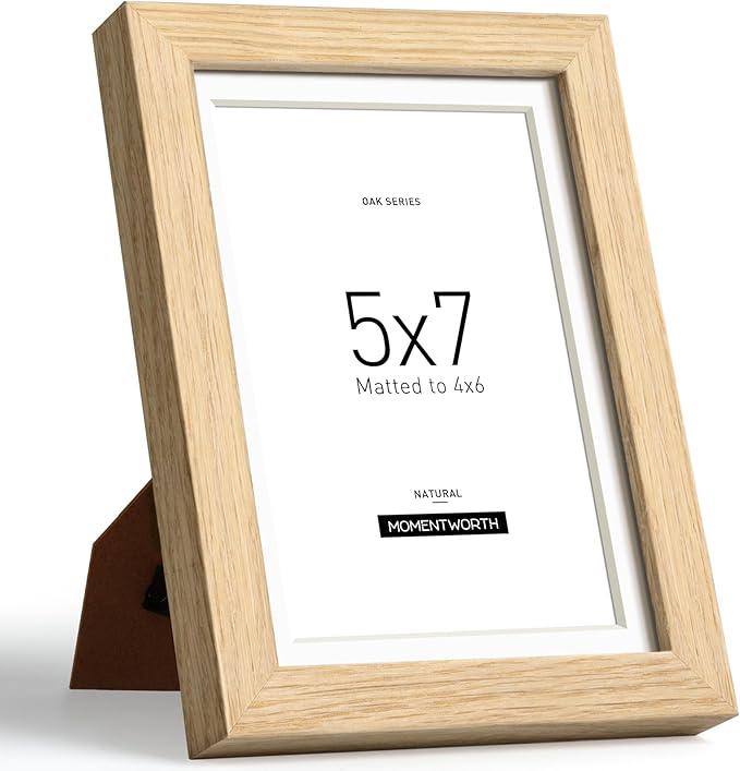 Momentworth 5x7 Picture Frame with Mat for 4x6, Solid Oak Wood 5x7 Frame with Tempered Glass for Wall Mount & Tabletop(Single,Oak)