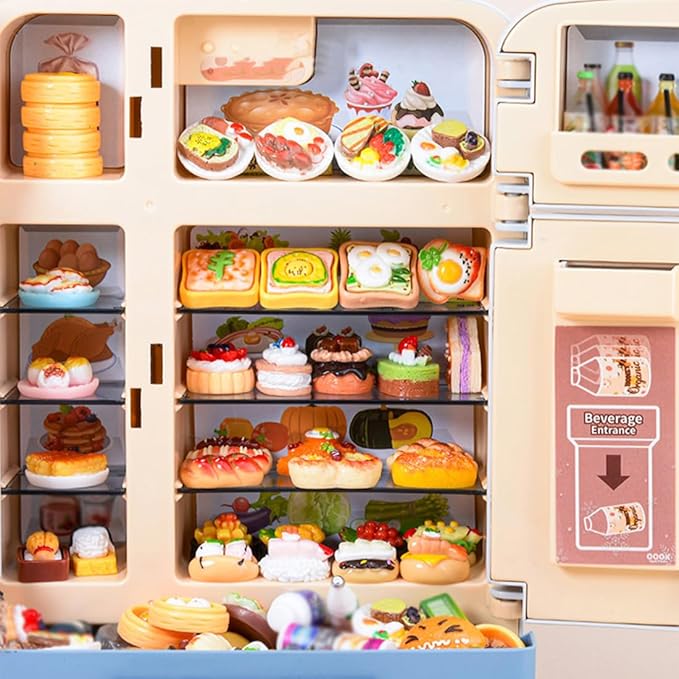 1/7 Scale Large-Size Realistic Double-Door Fridge Model, Miniature Kitchen Props, Pretend-Play Fridge Set (Sky Blue Refrigerator + 30 Food Items + 30 Drinks + Shopping Cart + 8 Ice Cubes/Light-Up)