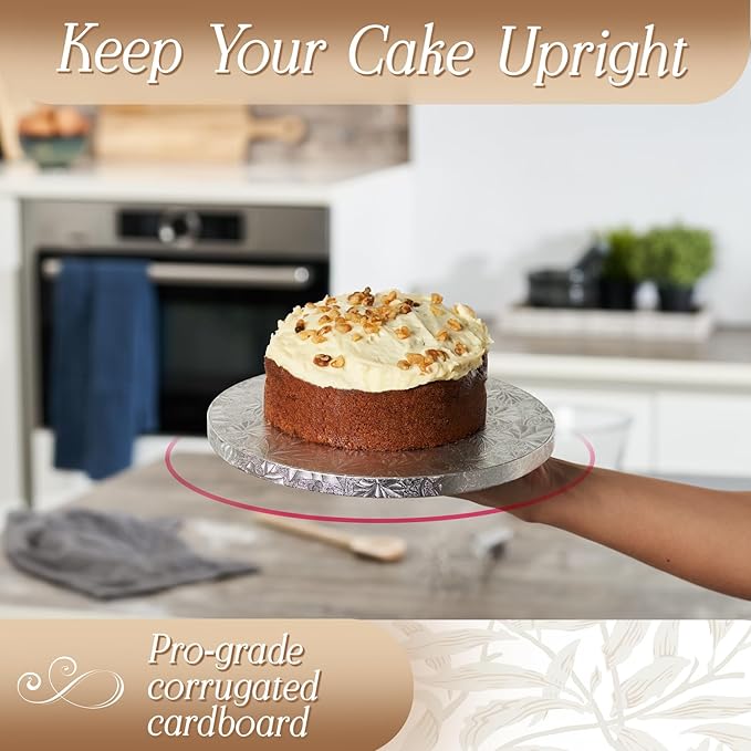 Cakebon Round Cake Boards - Sturdy 1/2 Inch Thick Drums - 8 Inch Professional Smooth Straight Edges Silver 3-Pack