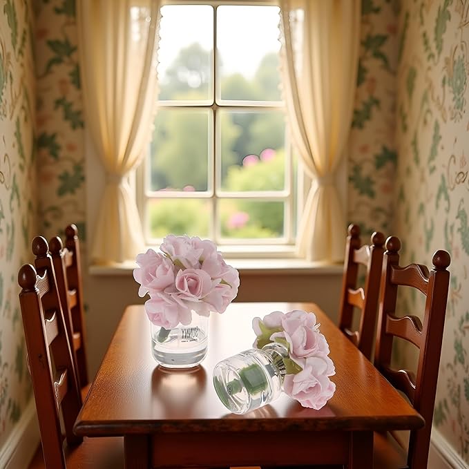 2 Pcs Dollhouse Miniature Flowers Dollhouse Mini Vase with Flower Dolls House Flower Glass Vase 1:12 Scale Dollhouse Miniature Flower in Vase, Lightweight Dollhouse Decor