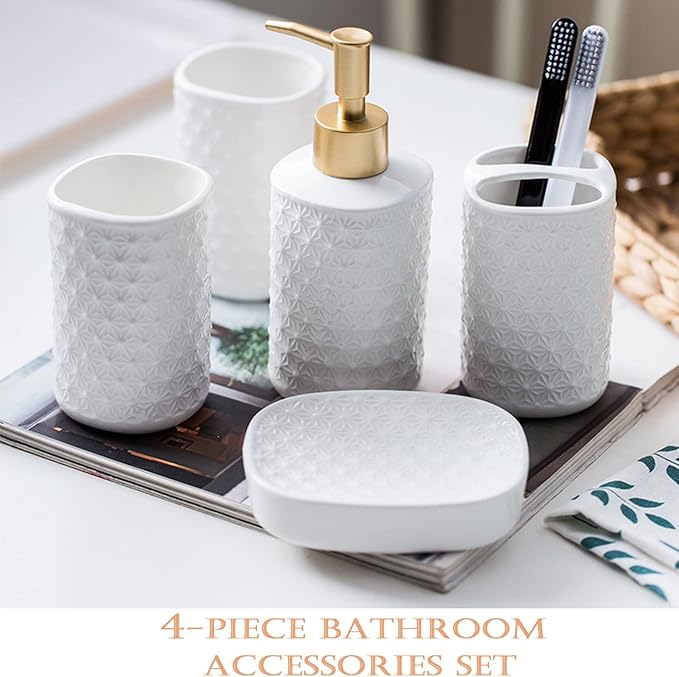 SHIIANN Ceramic Bathroom Accessories Set, 4 Pack Bathroom Ensemble for Bathroom Includes 1 Lotion Dispenser 1 Toothbrush Holder 1 Tumbler 1 Soap Dish (White)
