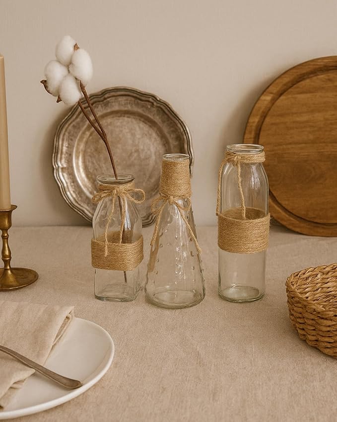 10Pcs Small Glass Vases Set - Clear Mini Bud Vases with Twine Ropes, Vintage Farmhouse Style for Flower Arrangements, Centerpieces, Wedding, Home and Table Decor