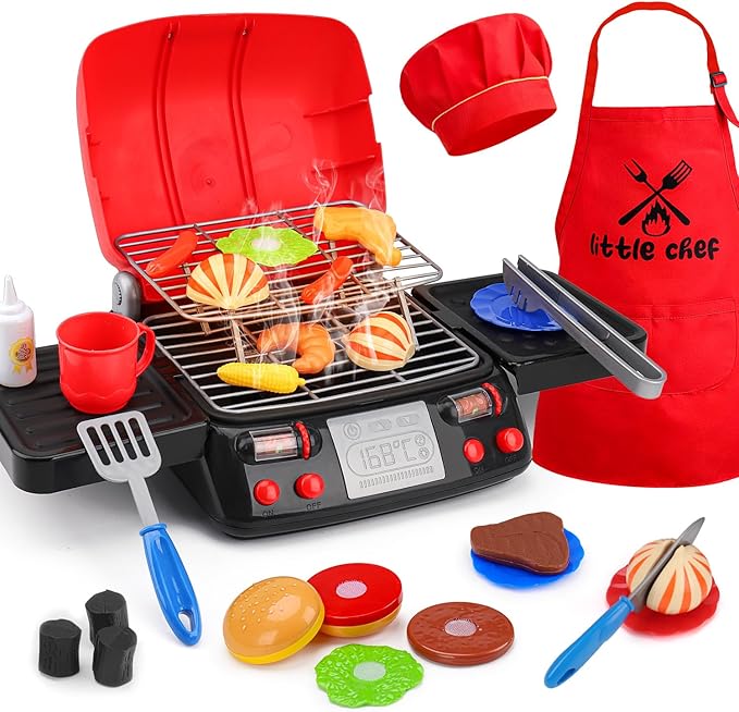 Kids Grill Playset Kitchen Toys with Apron Hat for Cooking Food Smoke Light Outdoor Pretend Play Accessories BBQ Outside Camping Barbecue Toddler Boy Toy 3 4 5 Year Old 4-8 Birthday Gift Valentine