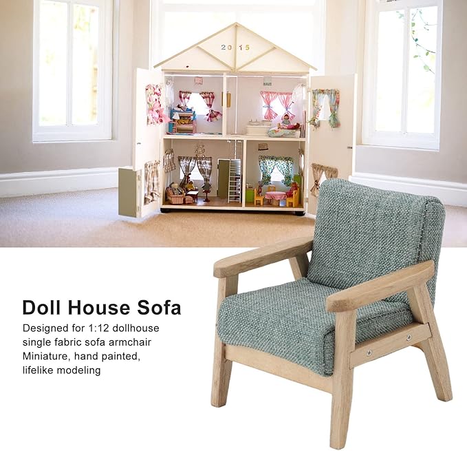 Doll House Sofa 1:12 Doll House Miniature Japanese Single Fabric Armchair Sofa Living Room Furniture Decoration(Grey Green)