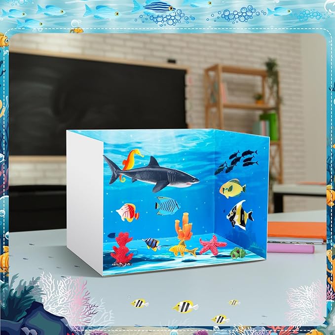 AmazingSpark 2 Set Ocean Diorama Box and Water Sticker Decor, Ocean Diorama Project Supplies Set, Cardboard Display Case Kit & Water Sticker with Double Sided Tapes for DIY Crafts Toys Dollhouse