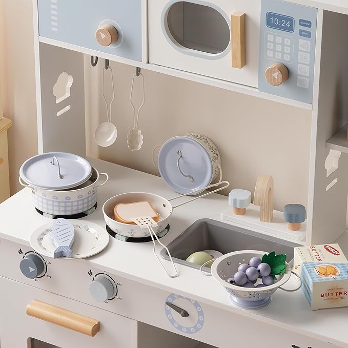 ROBUD Kids Pots and Pans Playset,Kids Kitchen Accessories Pretend Cooking,Cream Blue Pots and Pans Metal, Toddler Kitchen Playset for Boys Girls, Mini Toy Kitchen Accessories(9 Pieces)