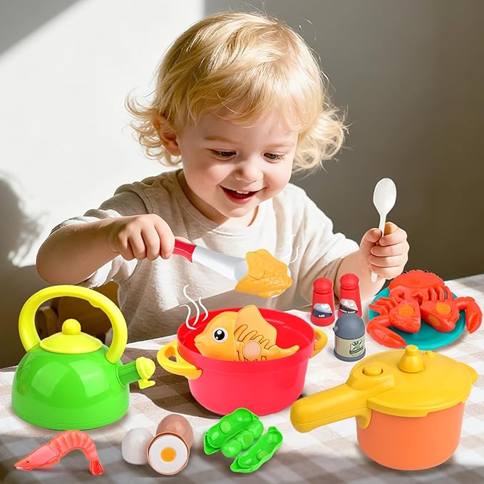 Kids Kitchen Playset, 66PCS Toddler Pretend Cooking Toys with Pots and Pans, Play Food, Utensils,Cookware, Play Food Set,Cutting Toys Fruit Veges,Educational Role Play Set for Toddlers Boys Girls
