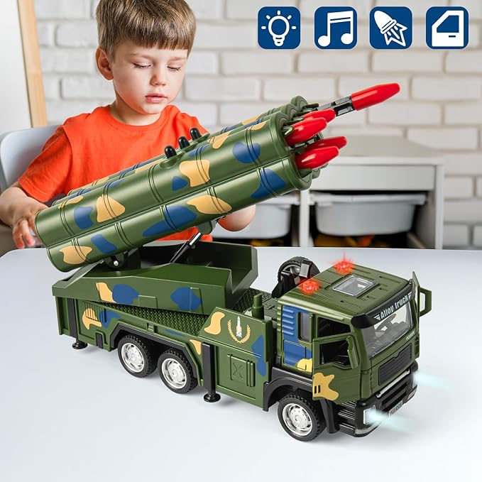 Army Truck Toy with 6 Missiles, Pull Back Military Truck Playset with Light & Sound, Simulated Combat Vehicle Model Toy Gift for Boys Ages 3-6 Years