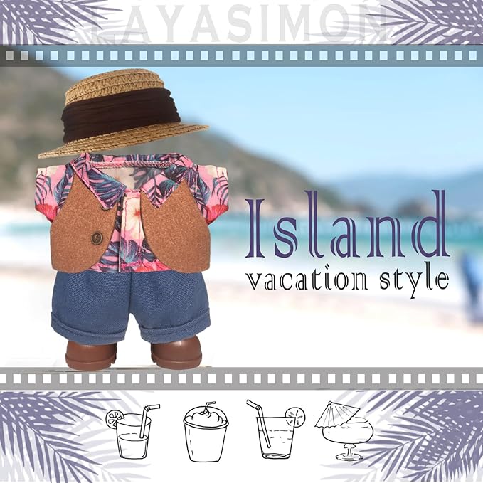 Clothes for 6.7inch /17cm Dolls (Without Dolls),Sets and Accessories,5pc Set（Straw hat+Shirt+Pants+Shoes+Vest,Suitable for Collectors and As Gifts. (Vacation-red)