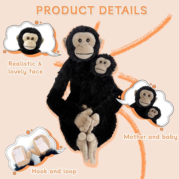 2pcs Chimpanzee Hanging Stuffed Animal Mother with Baby Hangs Plush Toys, Hooks and Stuffed Animals with Rings for Kids, Gifts for Boys and Girls（Black）