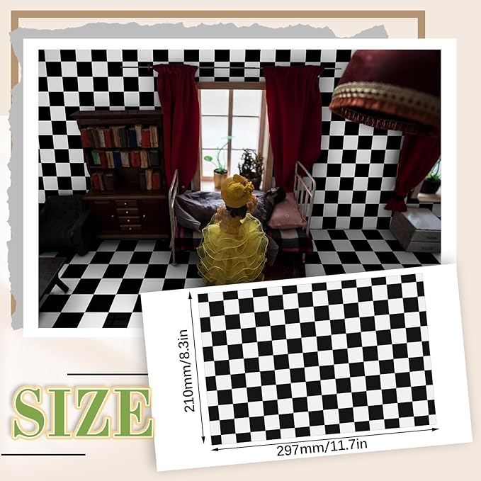 Flutesan 12 Pcs Miniature Dollhouse Wallpaper and Flooring Peel and Stick Mini DIY Self Adhesive Dollhouse Accessories 8.27 x 11.69 Inch (Check Pattern)