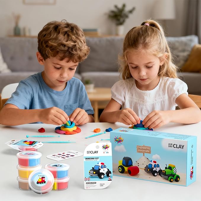 Air Dry Clay for Kids - 6 Vehicle Themed Modeling Clay Kit, Model Magic Clay with Sculpting Tools and Tutorials, Ultra Light & Soft, Non-Toxic & Safe, DIY Arts and Crafts School Projects for Kids