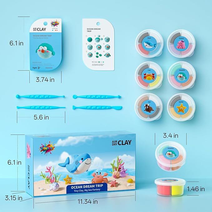 Air Dry Clay for Kids - 6 Ocean Themed Modeling Clay Kit, Model Magic Clay with Sculpting Tools and Tutorials, Ultra Light & Soft, Non-Toxic & Safe, DIY Arts and Crafts School Projects for Kids