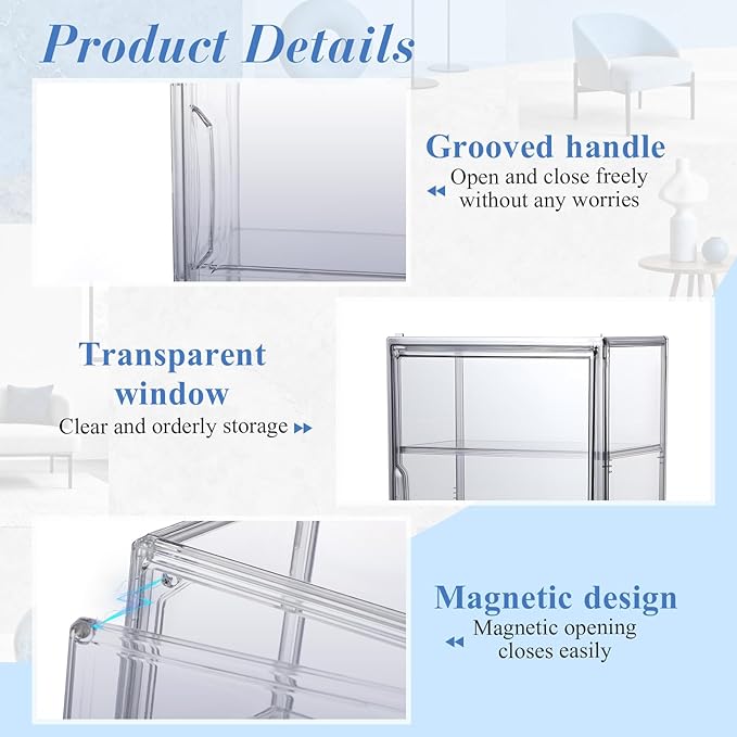 2 Pcs Clear Acrylic Display Case 3 Tier Display Shelf Storage Boxes Cabinet Organizer with Magnetic Door for Figures Toys (Gray)