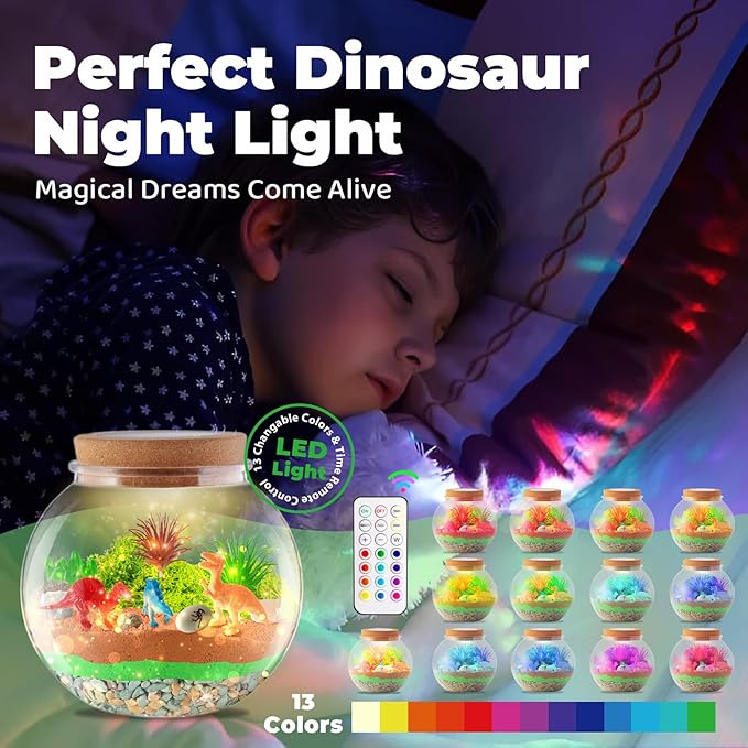 Dinosaur Light-Up Terrarium Kit for Kids - LED Night Light Birthday Gift for Boys Ages 4 5 6 7 8-12 Year Old - Dinosaur Toys for Boys - DIY Arts and Crafts Kit for Kids