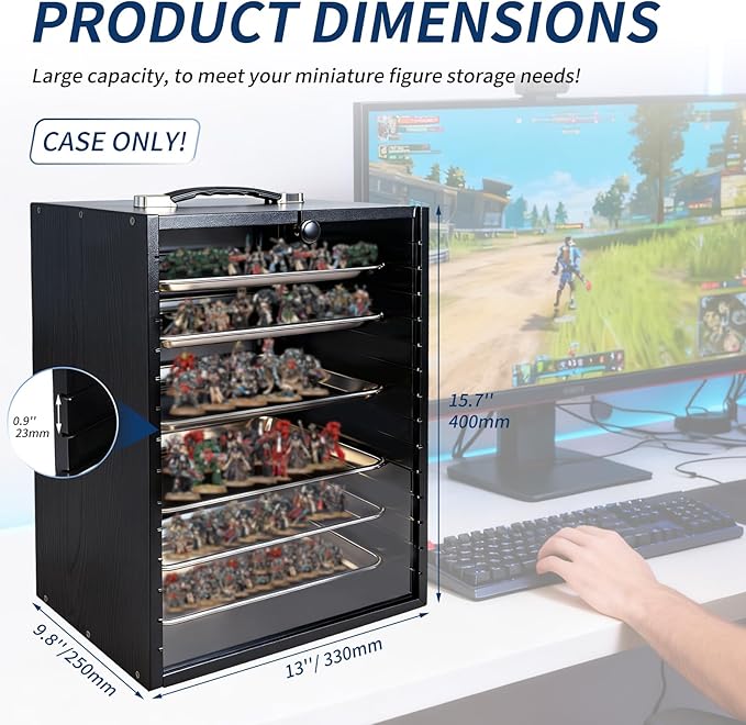 Miniature Display Case with 6 Removable Trays, Wooden Collectibles Storage Box with Clear Lid, Portable Miniatures Organizer for Tabletop Figurines & Models (Black)