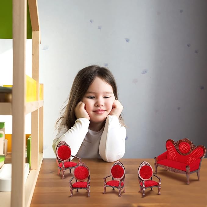 5 Pcs 1:12 Miniature Dollhouse Furniture, Include Vintage Red Wooden Carved Sofa Couch 4 Pcs Wooden Carved Single Sofa Chairs Retro Red Armchairs for Living Room Bedroom Kitchen Birthday Decoration