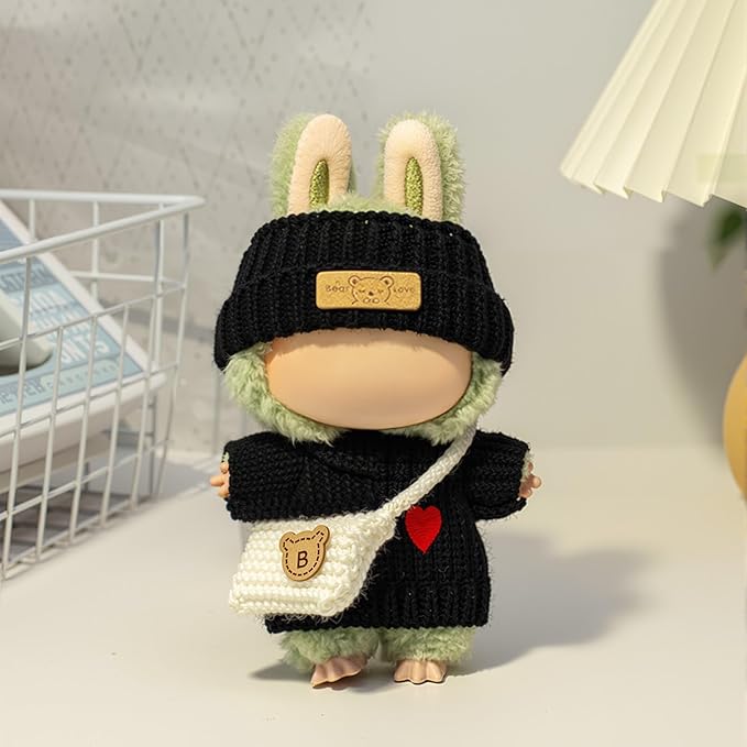 Clothes for LABUBU Doll (NO Doll), Handcrafted Crochet 3-Piece Accessories for LABUBU 17cm Dolls, Premium Outfit - Heart Sweater + Hat + Bag, Cute Clothes for Dress up Unique Style (Black)