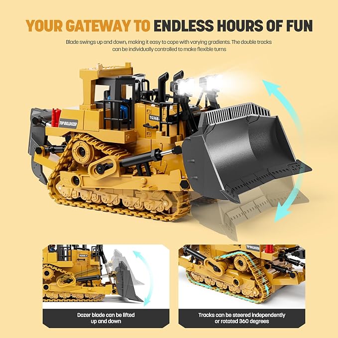 Metal RC Bulldozer Toy for Kids | 9-Channel Remote Control Track-Type Tractor with Lights & Sounds, Realistic Construction Vehicle Toy for Boys Ages 3-12, Rechargeable Gift for Birthday 2026