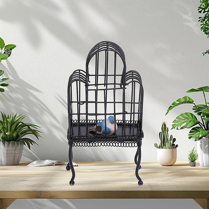 1:12 Scale Dollhouse Bird Cage Metal Miniature Bird Cage Realistic Opening Door Miniature Dollhouse Bird Cage with Fake Grass Bird Sticker (Black)