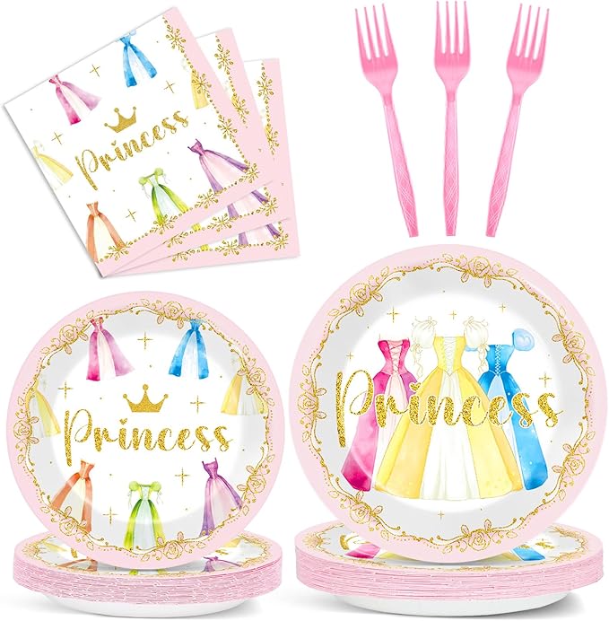 96Pcs Princess Birthday Party Decorations Princess Themed Tableware Castle Dress Plates Napkins Forks Crown Dinnerware Party Supplies for Girls Bridal Engagement Baby Shower Serve 24 Guests