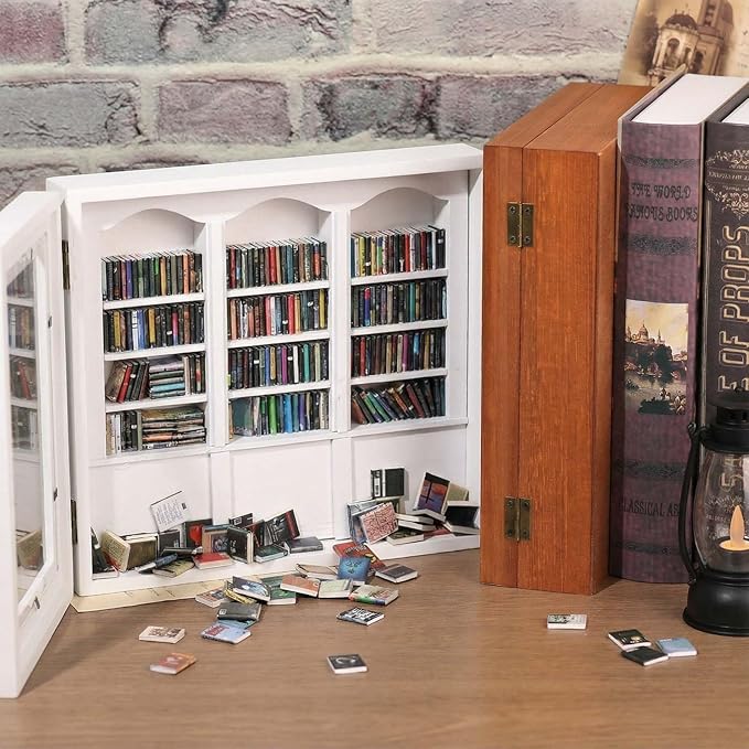 Anxiety Bookshelf Shake Away Your Anxiety, Miniature Book Display Case Cabinet with 200 Mini Books, Creative Wooden Mini Bookshelf Shake Anxiety Stress Reliever Funny Gifts for Book Lovers (White)