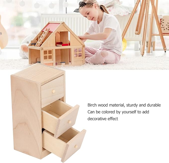 Mini Dollhouse Drawers, 1:12 Miniature Drawer Cabinet, 3 Layer Drawers Birch Wood Storage Cabinet Model, Wooden Doll House Furniture Decor Accessories for Bedroom, Living Room