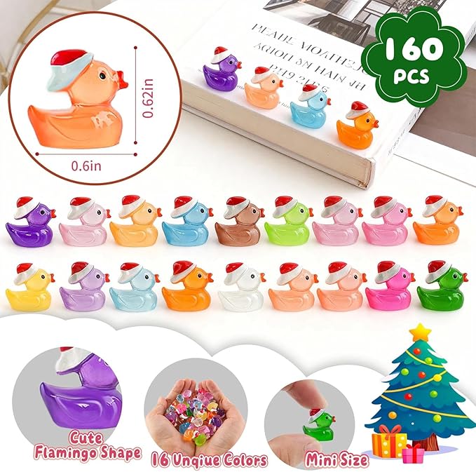 160pcs Luminous Mini Christmas Resin Ducks Dollhouse Accessories Miniature Figurines to Hide Tiny Little Duck Bulk Glow in The Dark for Micro Garden Landscape Aquarium Craft Party Favors Toy