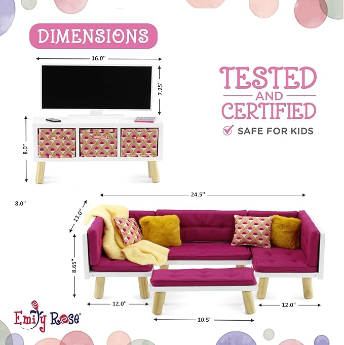 Emily Rose 18 Inch Doll Pink Living Room Furniture Set - Complete Entertainment Center with Reversible Console TV Sectional Couch Daybed - Fits American Girl Our Generation Dolls - 13 Piece Set