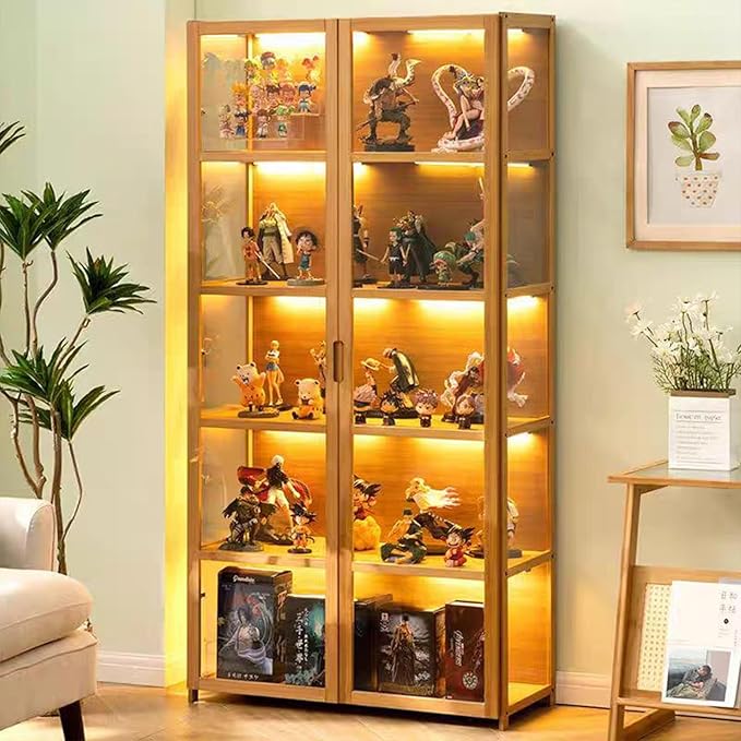 Display Cabinet with Acrylic Glass Doors, Tall Storage Cabinet with Adjustable Shelves, 5 Tier Curio Cabinet&Bookcase for Collectibles, Toys, Books, for Kids Playroom, Bedroom, Study Room