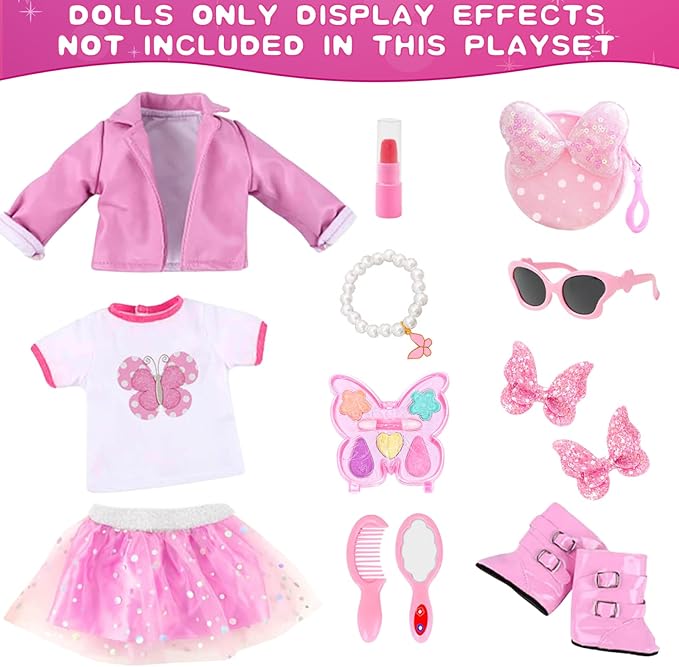 American 18 Inch Dolls Clothes Pretend Makeup Accessories Gift Playset for Girls,Cosmetic Bag Toys Fits for 18" Dolls Include Skirt Outfit Shoes Sunglasses Makeup Stuffs Doll NOT Include