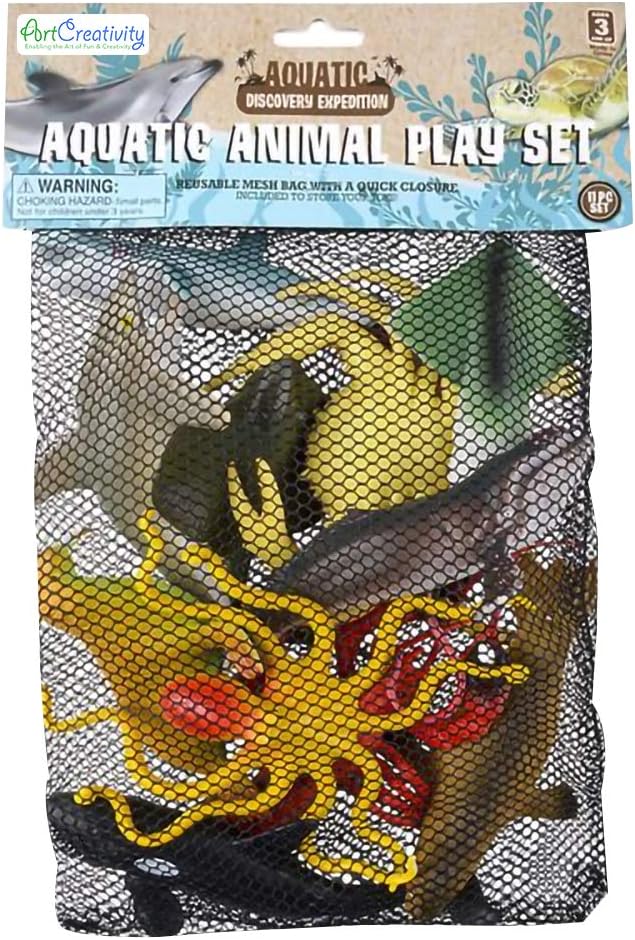 ArtCreativity Aquatic Animal Assortment in Mesh Bag, Pack of 11 Sea Creature Figurines in Assorted Designs, Bath Water Toys for Kids, Ocean Life Party Décor, Party Favors for Boys and Girls