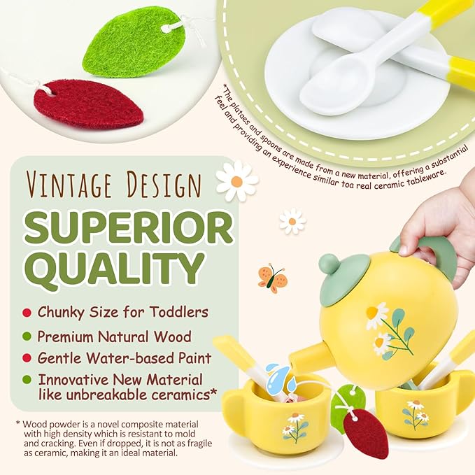 Wooden Tea Sets for Little Girls Play Food Cake Toys Toddlers 3-5 Kitchen Accessories Pretend Play Princess Playset for 3 4 5 6 Year Old Girl Boy Party Birthday Gift