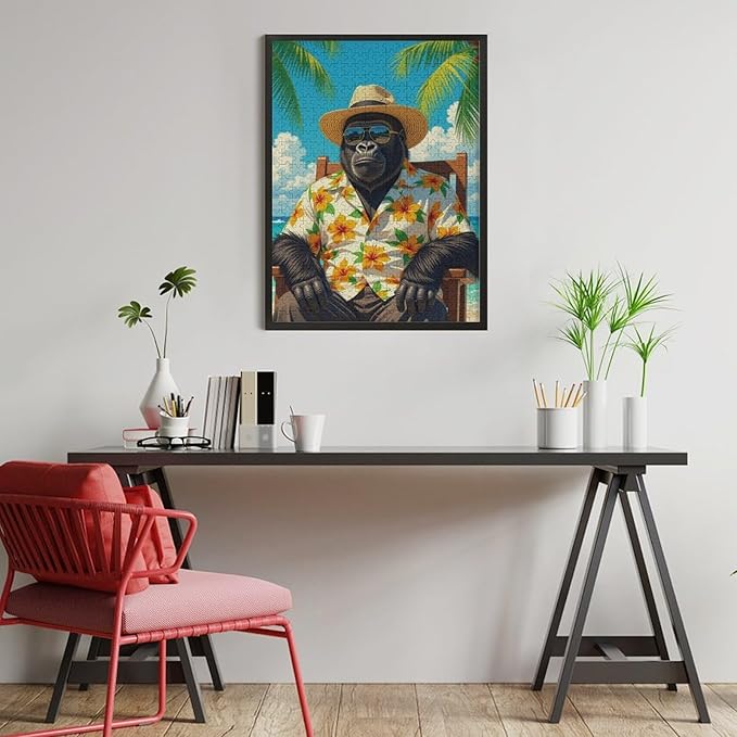 Summer Gorilla – 1000 Piece Animal Wooden Jigsaw Puzzle, Cheerful Summer Gorilla Artwork, Mind Exercise, Fun Brain Activity, Stress Relief
