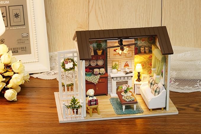 DIY Miniature Dollhouse Kits - Wooden Mini Model House with LED Lights, Tiny Furniture & Accessories – Craft Building Kits for Adults – Birthday Christmas Valentine's Gift- Happy Time