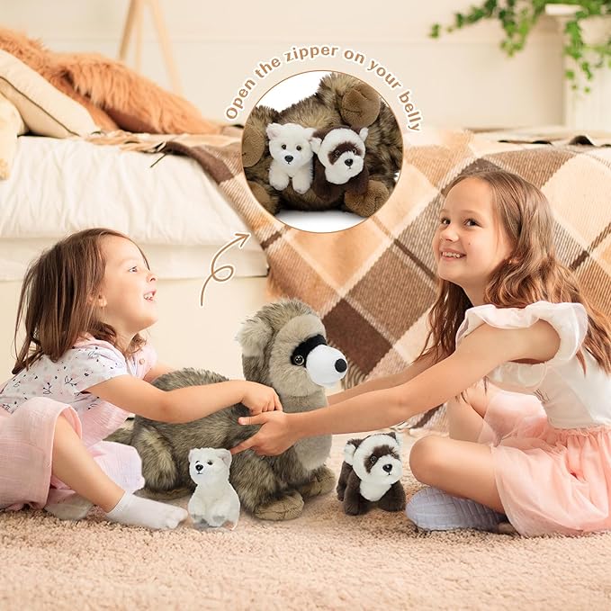 3Pcs Ferret Plush Toy, Mother Ferret Stuffed Animal with 2 Cute Stuffed Baby Ferrets Inside, 18" Snuggly Ferret Plushies for Kids, Christmas Birthday Gift