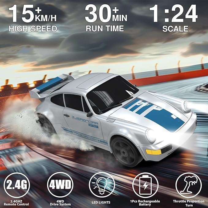 RC Drift Car 1:24 Remote Control Car 4WD 15KM/H High Speed Racing Sport Car with LED Lights RC Cars Toy for Kids Boys Girls Adults Gifts Birthday Christmas Rechargeable Batteries