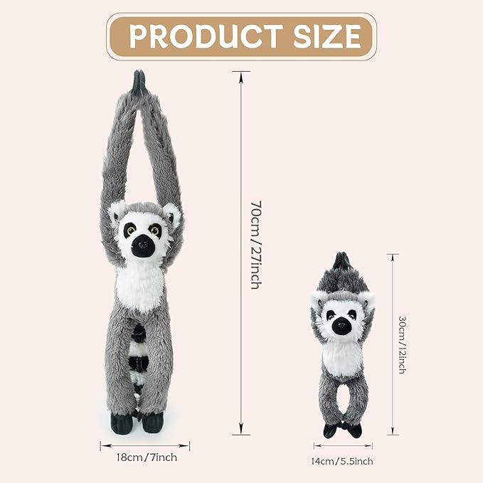 2pcs Lemur Hanging Stuffed Animal Mother with Baby Hangs Plush Toys, Hooks and Stuffed Animals with Rings for Kids, Gifts for Boys and Girls