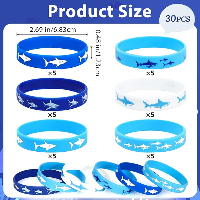 30 PCS Shark Silicone Bracelets Rubber Wristbands for Baby Shower, Under the Sea, Shark Themed Birthday Party Favors