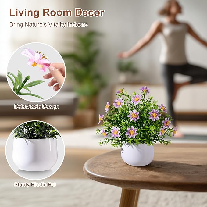 Yarmare 3 Pack Small Fake Plants Artificial Potted Flowers for Indoor Mini Faux Plants with Flowers Greenery for Home Decor Living Room Bathroom Bedroom Office Table Shelf (White+Pink+Purple)